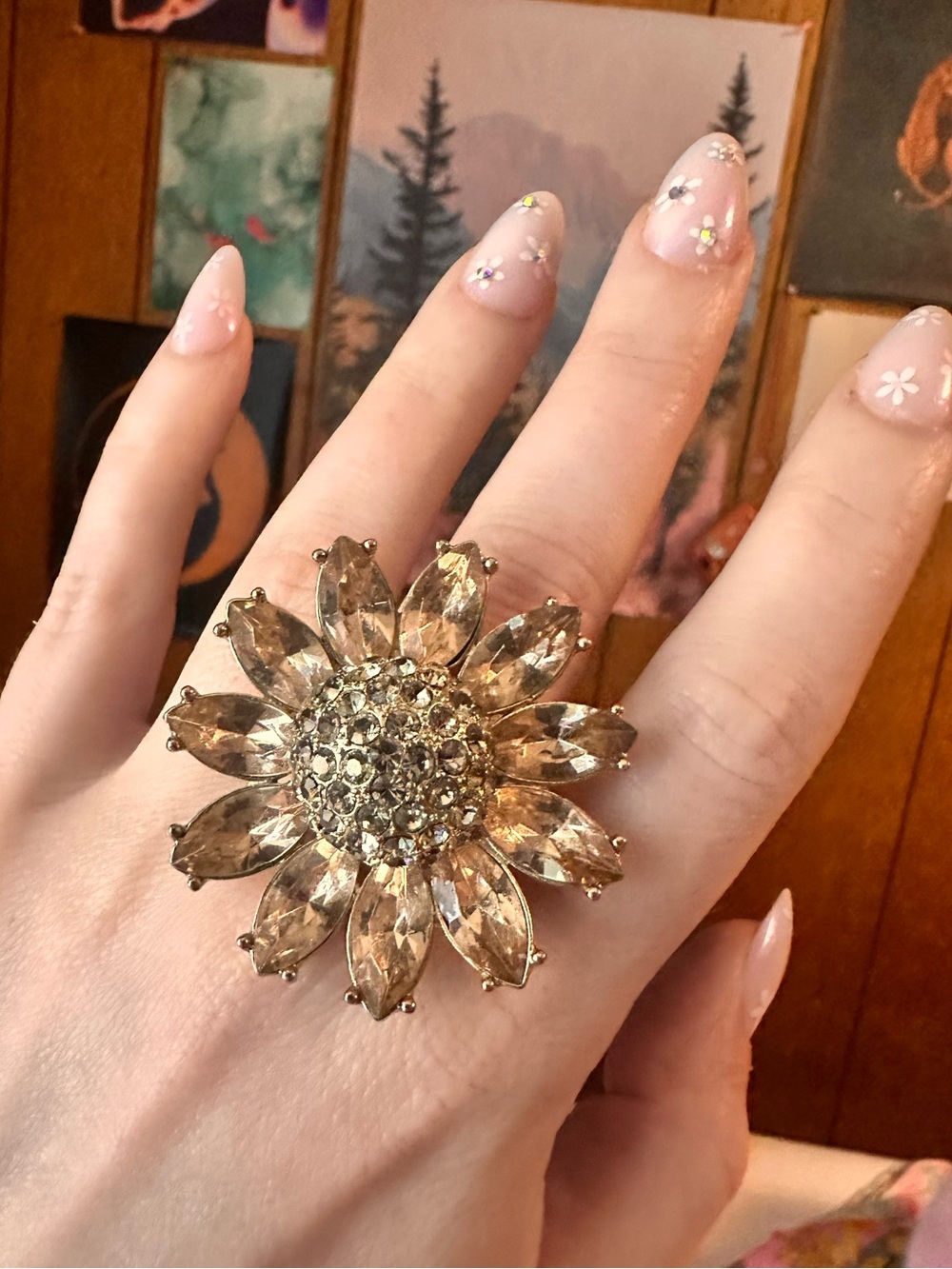 Sparkly Sunflower Rhinestone Cocktail Ring - Picture 7 of 17